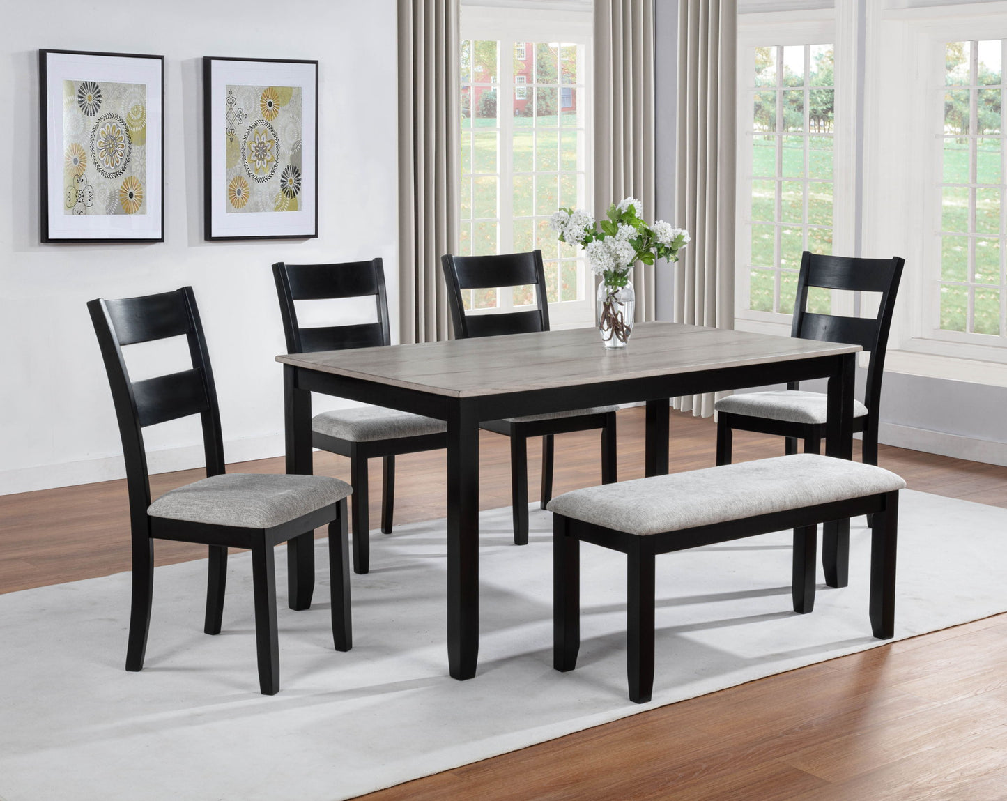 Lester - 6 Piece Dining Set With Bench - Light Gray