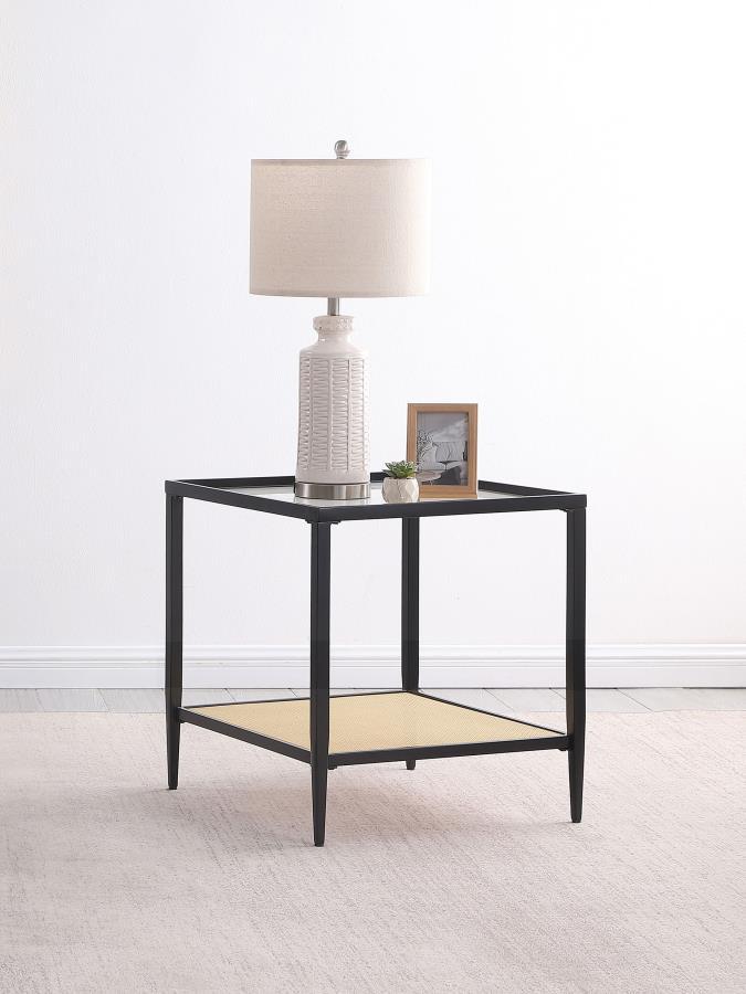 Amherst - Glass Top Metal with Cane Shelf Table