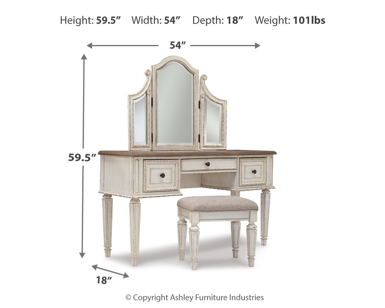 Realyn - Vanity/Mirror/Stool (Set of 3) - White / Brown / Beige